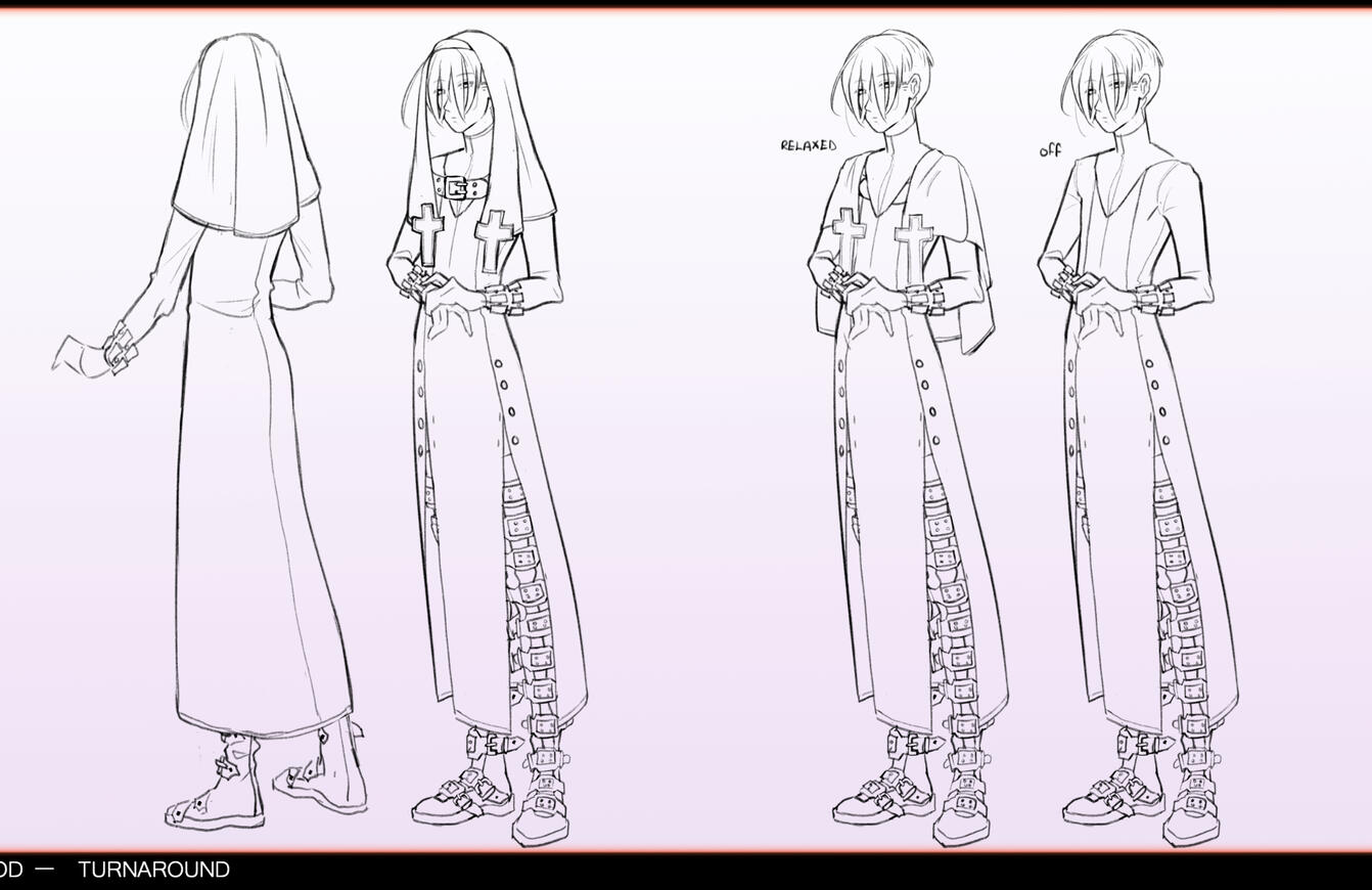 Lined turnaround, the end of a concept art project. Character from an unannounced project.