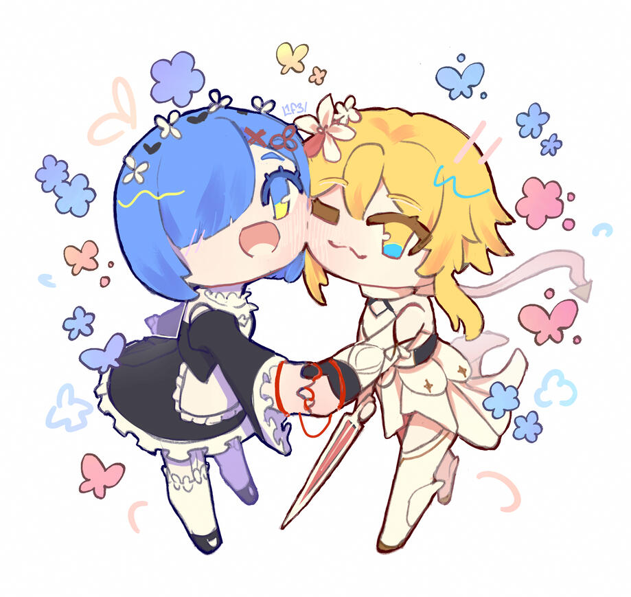 Chibi comm of Rem (re:zero) and Lumine (genshin)
